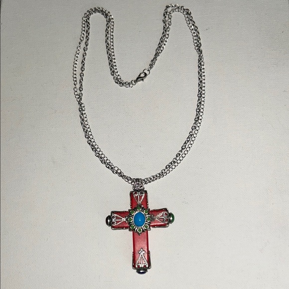 Sweet Romance Designer Gemstone Cross Double Chain Stainless Steel Necklace Boho - Picture 3 of 10